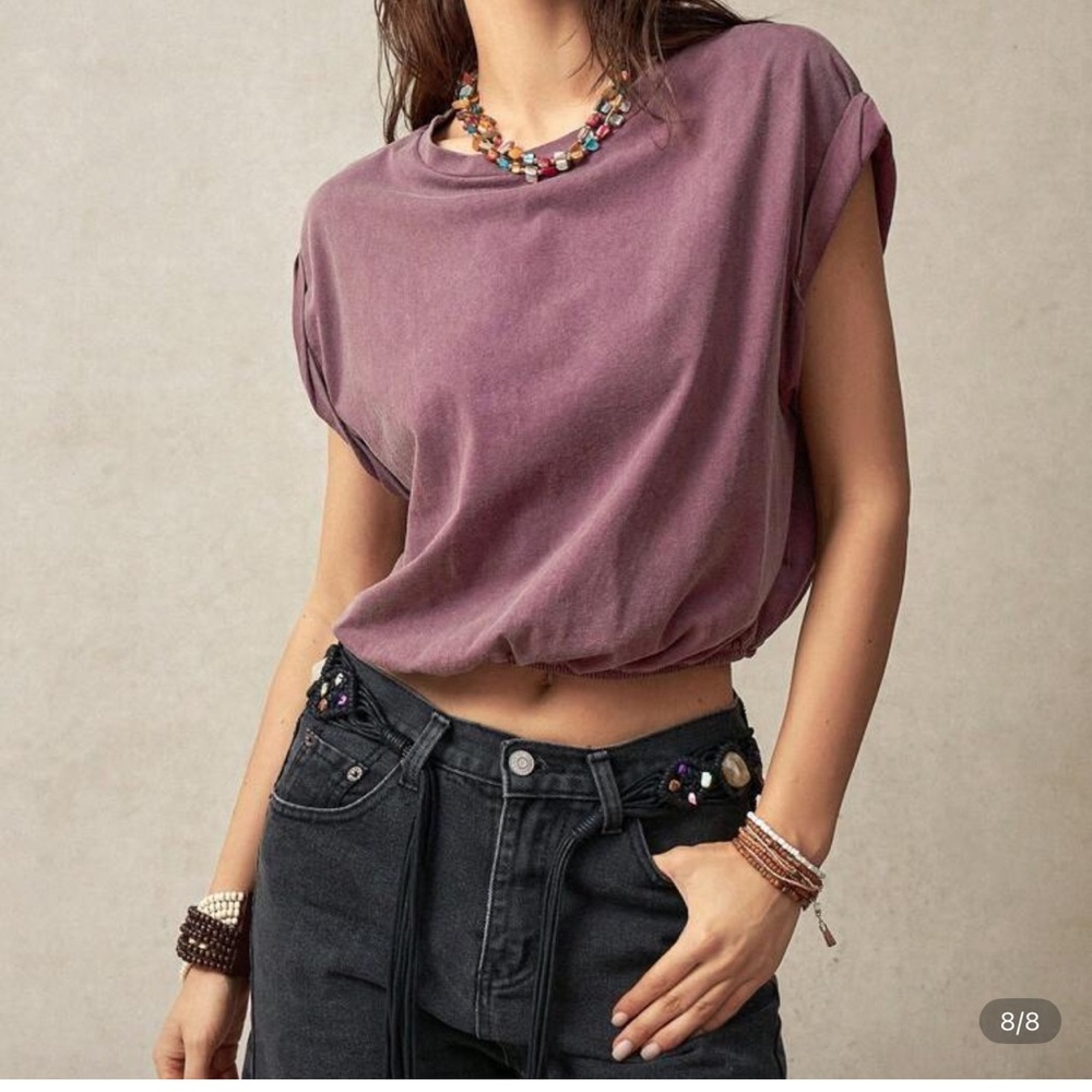 💜 Bohemela Washed Purple Rolled-Sleeve Crop Top (Size S/M)